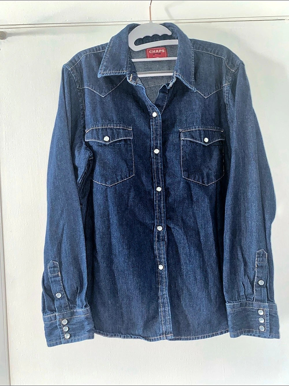 Chaps Denim Button Down Shirt in Blue XL Like New Snap Pearl Buttons